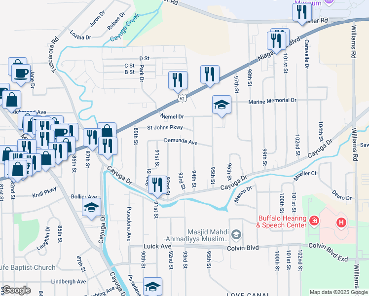 map of restaurants, bars, coffee shops, grocery stores, and more near 9308 Demunda Avenue in Niagara Falls
