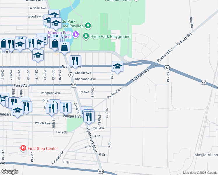 map of restaurants, bars, coffee shops, grocery stores, and more near 3667 Sherwood Avenue in Niagara Falls