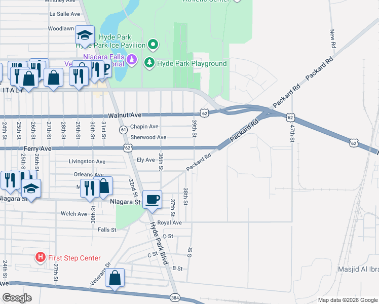 map of restaurants, bars, coffee shops, grocery stores, and more near 3667 Sherwood Avenue in Niagara Falls