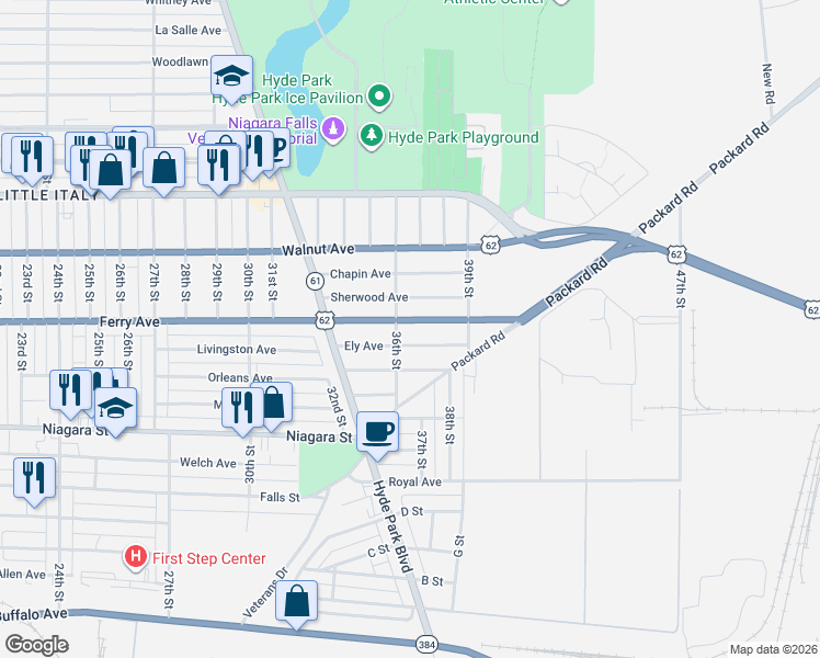 map of restaurants, bars, coffee shops, grocery stores, and more near 3571 Sherwood Avenue in Niagara Falls
