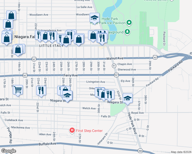 map of restaurants, bars, coffee shops, grocery stores, and more near 516 30th Street in Niagara Falls