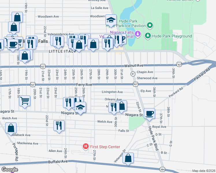 map of restaurants, bars, coffee shops, grocery stores, and more near 511 28th Street in Niagara Falls