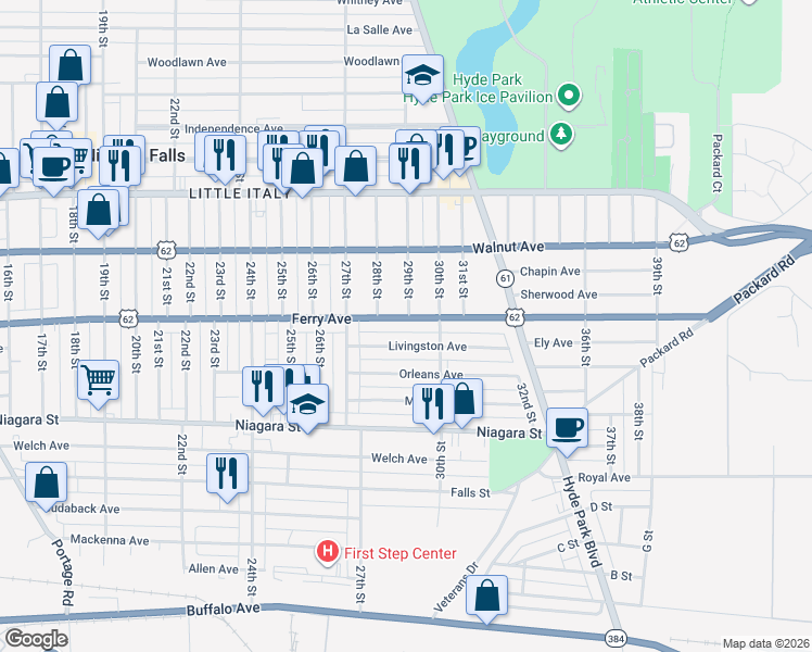 map of restaurants, bars, coffee shops, grocery stores, and more near 511 28th Street in Niagara Falls
