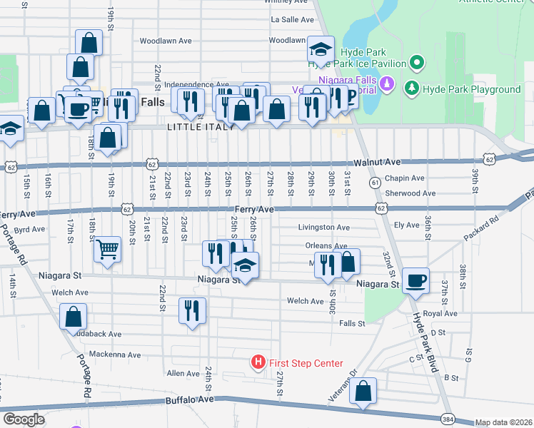 map of restaurants, bars, coffee shops, grocery stores, and more near 515 27th Street in Niagara Falls