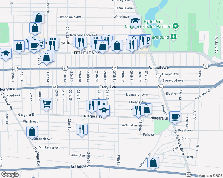 map of restaurants, bars, coffee shops, grocery stores, and more near 515 26th Street in Niagara Falls