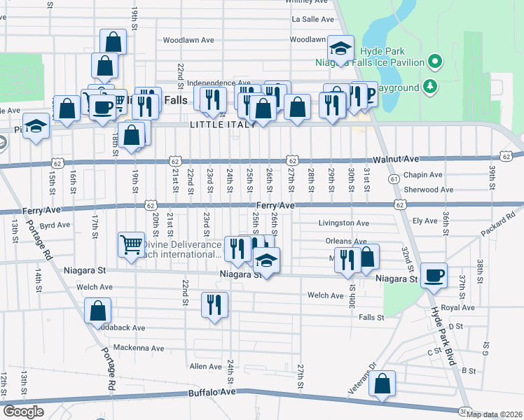 map of restaurants, bars, coffee shops, grocery stores, and more near 515 26th Street in Niagara Falls