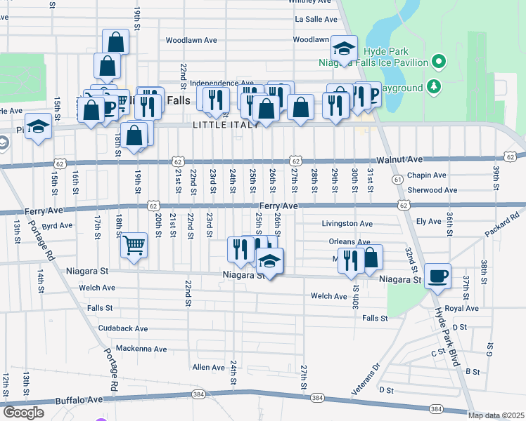 map of restaurants, bars, coffee shops, grocery stores, and more near 514 25th Street in Niagara Falls