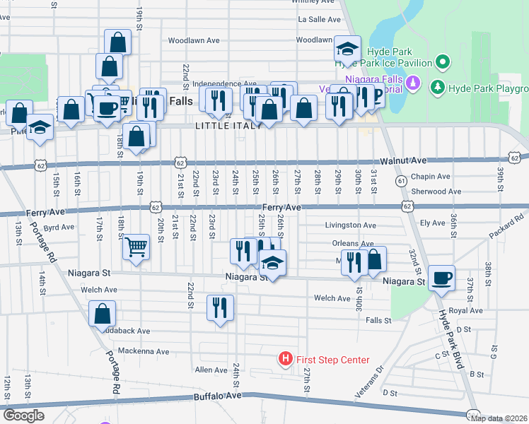 map of restaurants, bars, coffee shops, grocery stores, and more near 514 25th Street in Niagara Falls