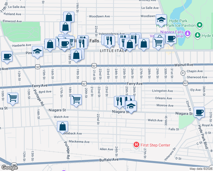 map of restaurants, bars, coffee shops, grocery stores, and more near 515 22nd Street in Niagara Falls