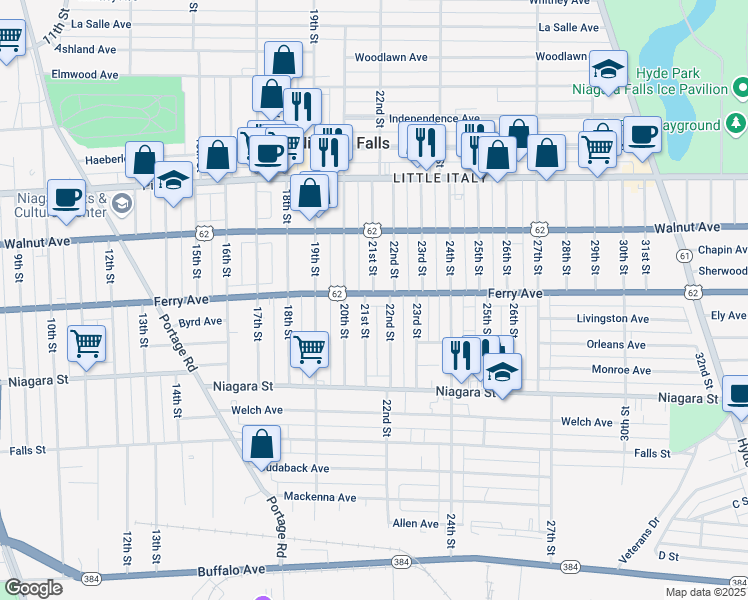 map of restaurants, bars, coffee shops, grocery stores, and more near 518 21st Street in Niagara Falls