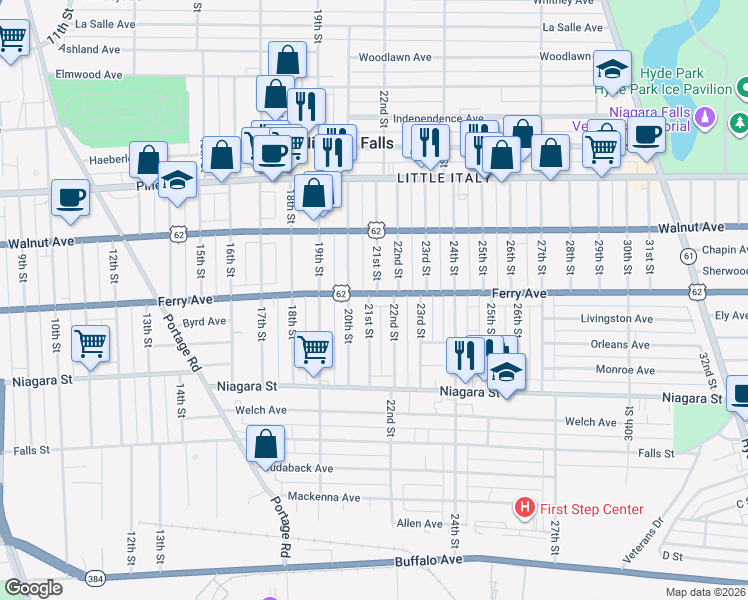 map of restaurants, bars, coffee shops, grocery stores, and more near 518 21st Street in Niagara Falls