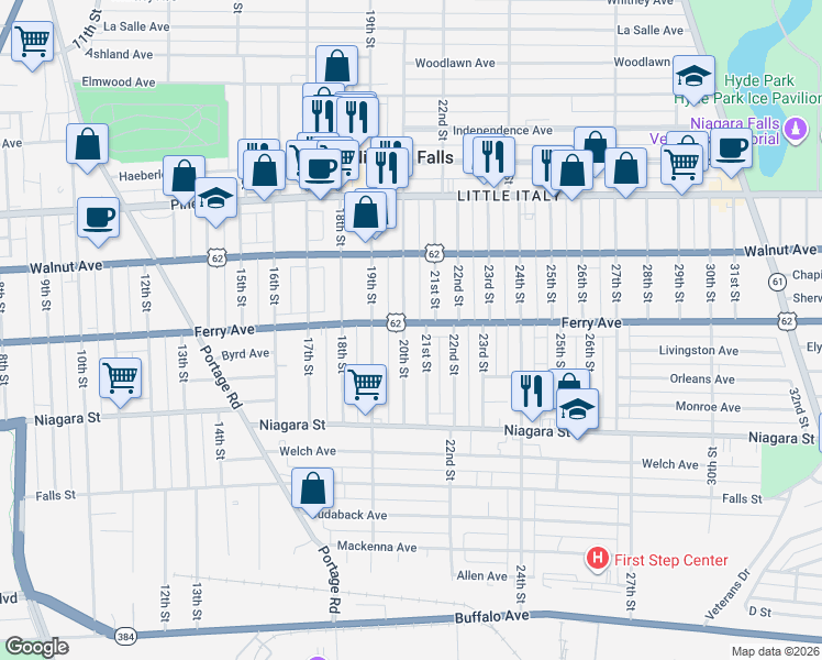 map of restaurants, bars, coffee shops, grocery stores, and more near 514 20th Street in Niagara Falls
