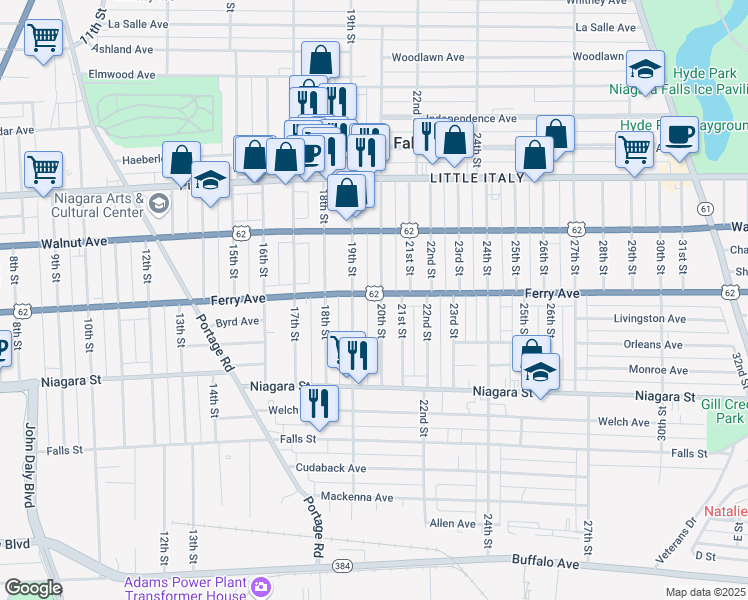 map of restaurants, bars, coffee shops, grocery stores, and more near 514 20th Street in Niagara Falls