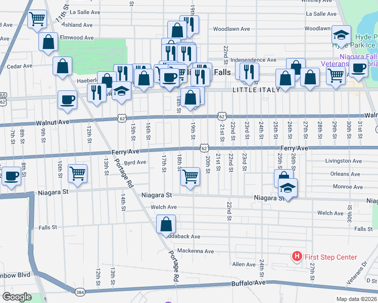 map of restaurants, bars, coffee shops, grocery stores, and more near 516 19th Street in Niagara Falls