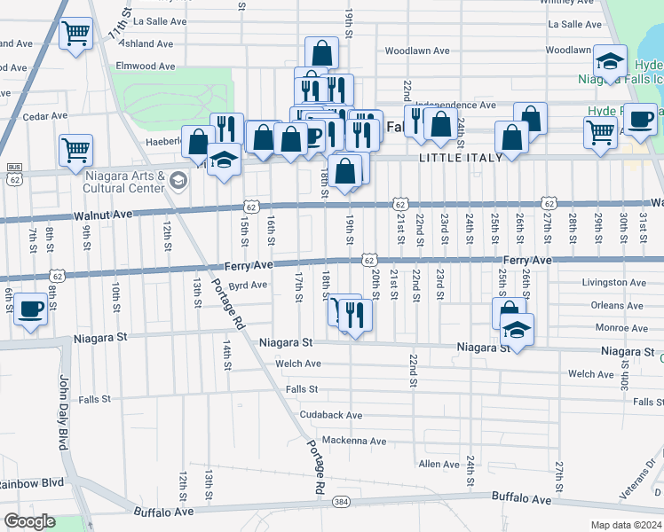 map of restaurants, bars, coffee shops, grocery stores, and more near 516 19th Street in Niagara Falls