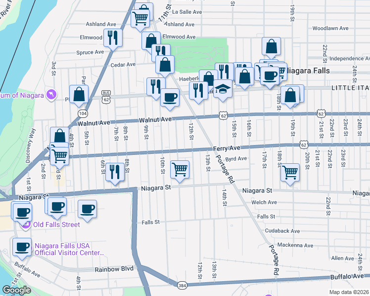map of restaurants, bars, coffee shops, grocery stores, and more near 529 Memorial Parkway in Niagara Falls