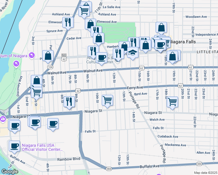 map of restaurants, bars, coffee shops, grocery stores, and more near 529 Memorial Parkway in Niagara Falls