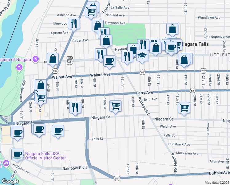 map of restaurants, bars, coffee shops, grocery stores, and more near 529 Memorial Parkway in Niagara Falls