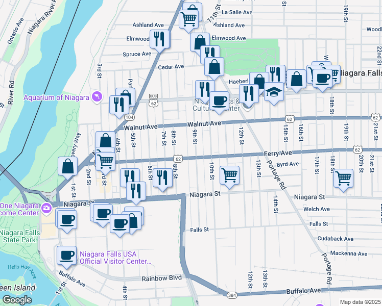 map of restaurants, bars, coffee shops, grocery stores, and more near 537 9th Street in Niagara Falls