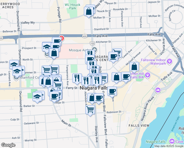 map of restaurants, bars, coffee shops, grocery stores, and more near 5687 Stanley Avenue in Niagara Falls