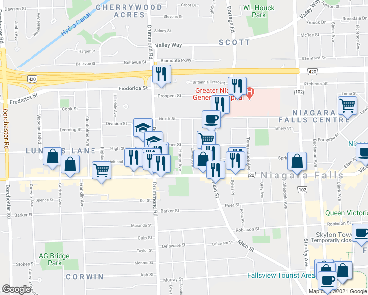 map of restaurants, bars, coffee shops, grocery stores, and more near in Niagara Falls
