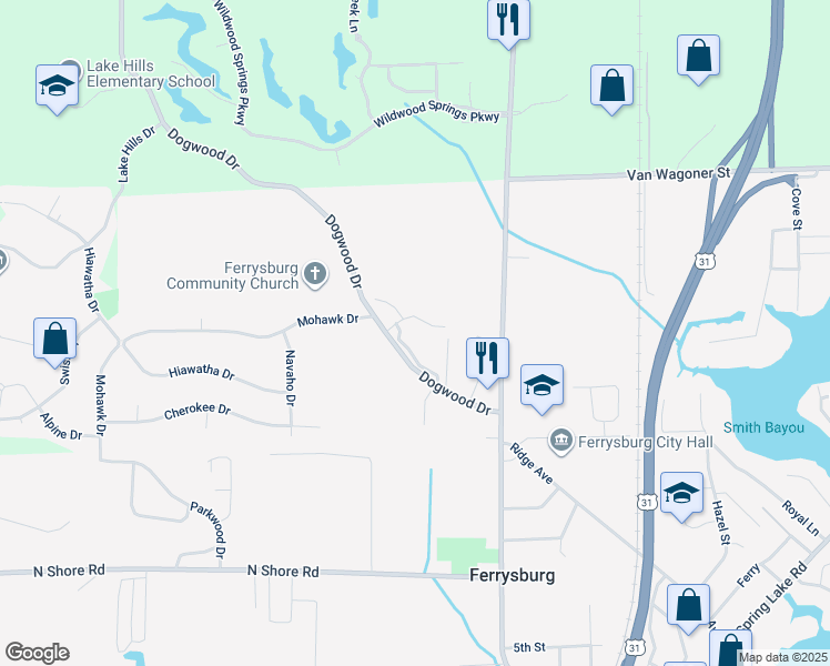 map of restaurants, bars, coffee shops, grocery stores, and more near 17543 Meadow Wood Road in Spring Lake