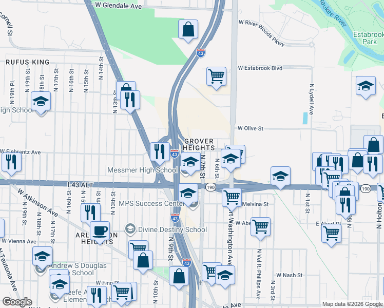 map of restaurants, bars, coffee shops, grocery stores, and more near 4092 North 8th Street in Milwaukee