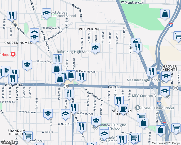 map of restaurants, bars, coffee shops, grocery stores, and more near 4121 North 19th Street in Milwaukee