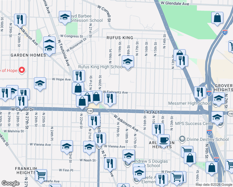 map of restaurants, bars, coffee shops, grocery stores, and more near 4121 North 19th Street in Milwaukee