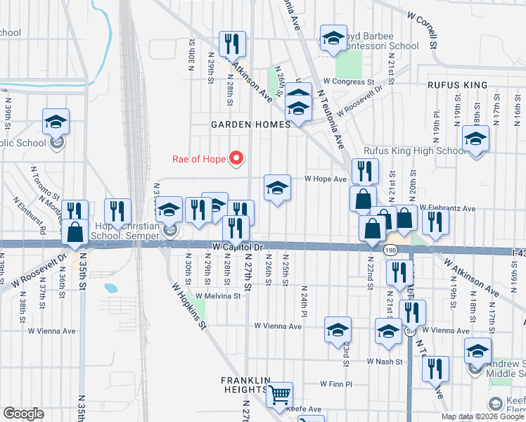 map of restaurants, bars, coffee shops, grocery stores, and more near 4114 North 27th Street in Milwaukee