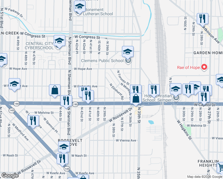 map of restaurants, bars, coffee shops, grocery stores, and more near 4131 North Elmhurst Road in Milwaukee