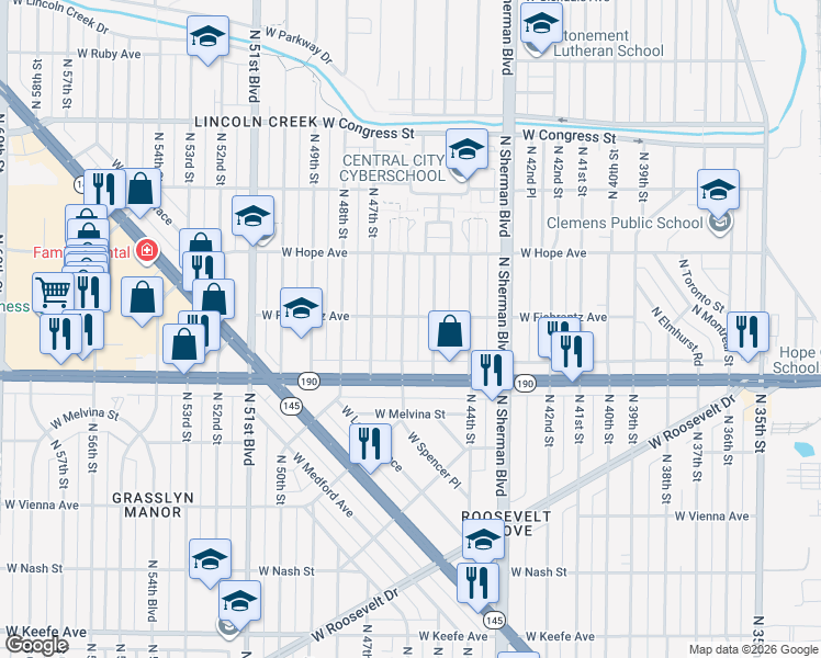 map of restaurants, bars, coffee shops, grocery stores, and more near 4116 North 46th Street in Milwaukee