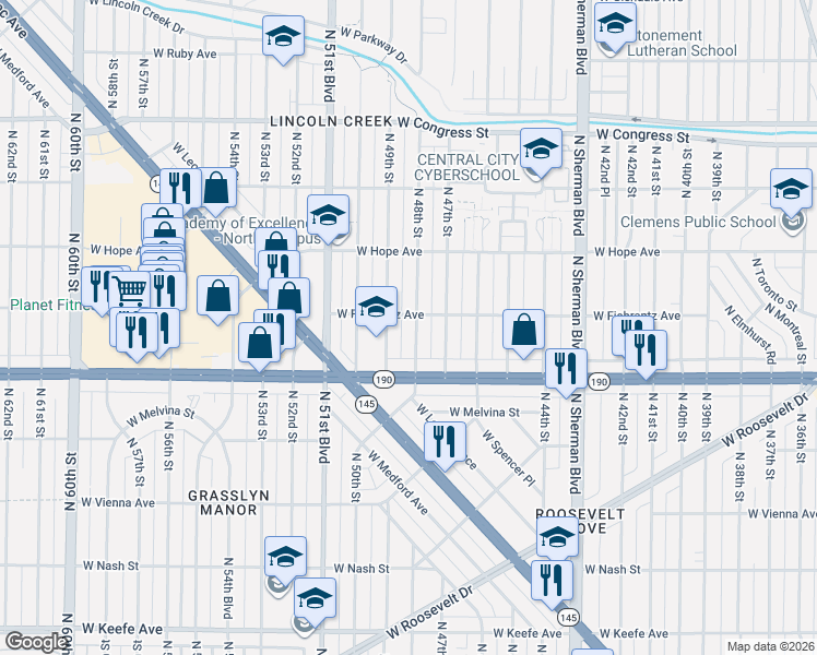 map of restaurants, bars, coffee shops, grocery stores, and more near 4113 North 48th Street in Milwaukee