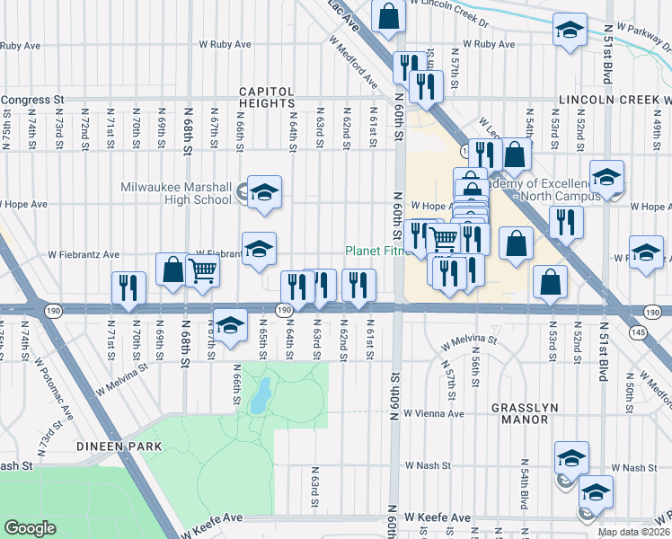 map of restaurants, bars, coffee shops, grocery stores, and more near 4103 North 62nd Street in Milwaukee