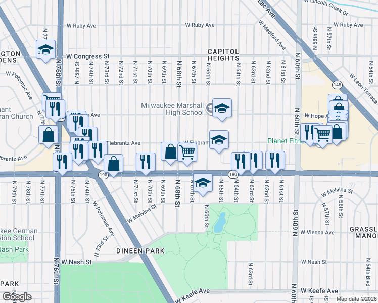 map of restaurants, bars, coffee shops, grocery stores, and more near 4103 North 67th Street in Milwaukee
