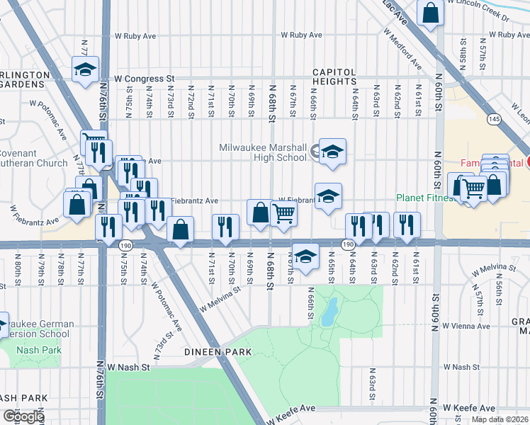 map of restaurants, bars, coffee shops, grocery stores, and more near 4101 North 68th Street in Milwaukee