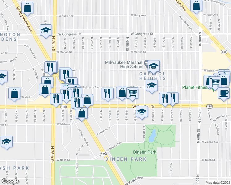map of restaurants, bars, coffee shops, grocery stores, and more near 4100 North 70th Street in Milwaukee