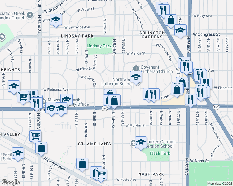 map of restaurants, bars, coffee shops, grocery stores, and more near 4104 North 84th Street in Milwaukee