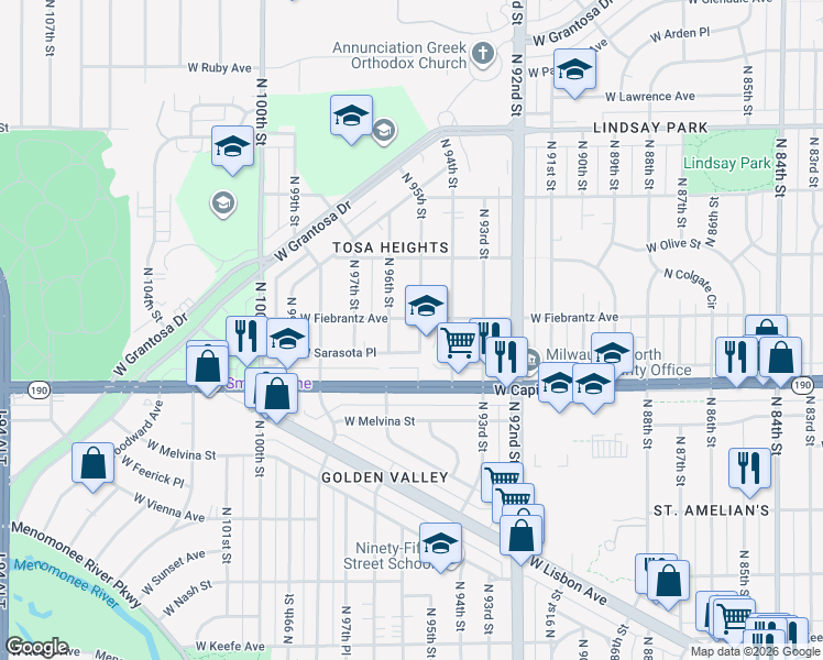 map of restaurants, bars, coffee shops, grocery stores, and more near 4115 North 95th Street in Wauwatosa