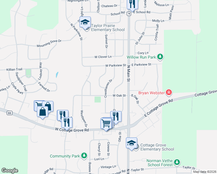 map of restaurants, bars, coffee shops, grocery stores, and more near 726 Cresthaven Drive in Cottage Grove