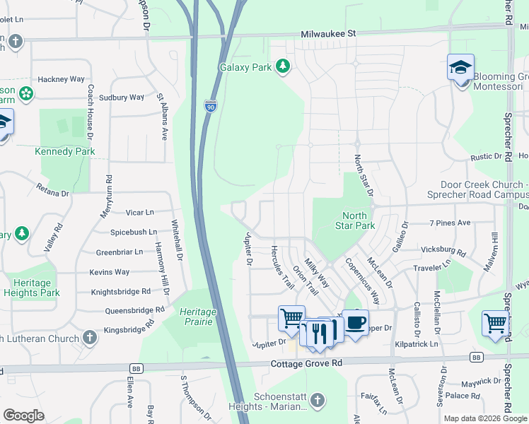 map of restaurants, bars, coffee shops, grocery stores, and more near 5917 Carter Moon Pass in Madison
