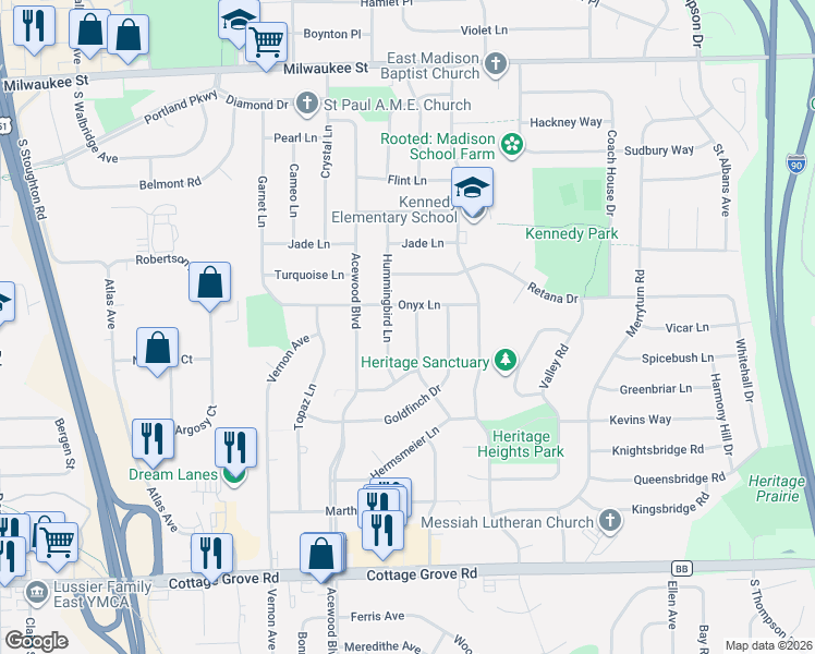 map of restaurants, bars, coffee shops, grocery stores, and more near 4802 Onyx Lane in Madison