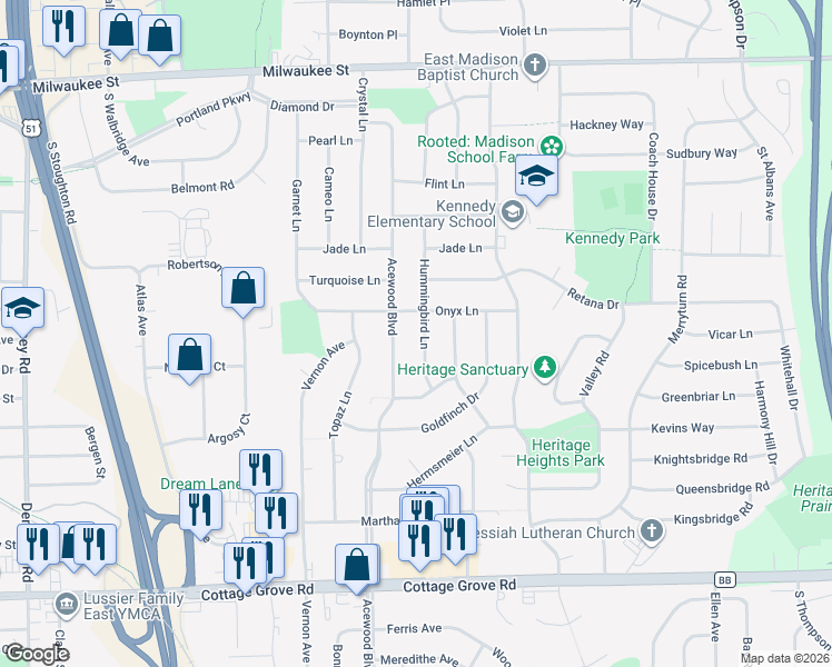 map of restaurants, bars, coffee shops, grocery stores, and more near 4702 Onyx Lane in Madison