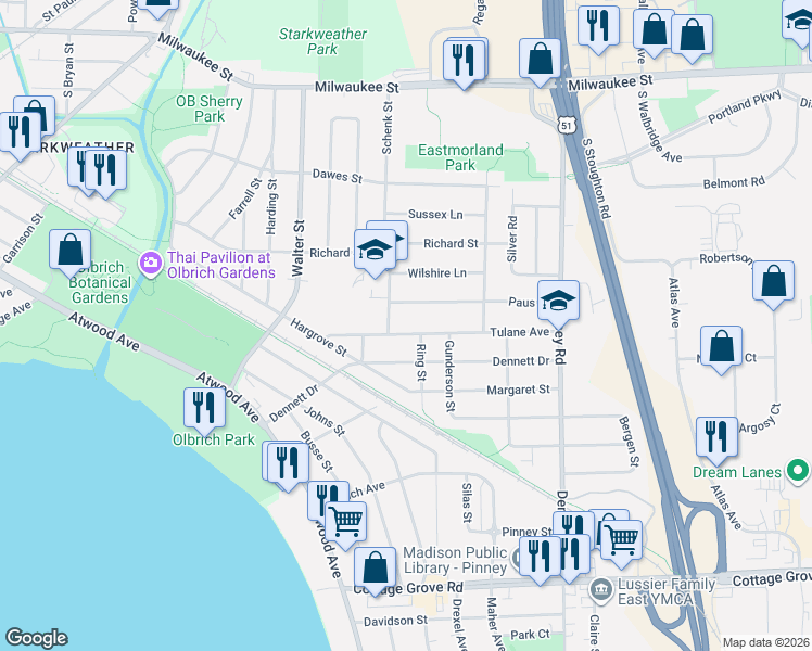 map of restaurants, bars, coffee shops, grocery stores, and more near 3642 Paus Street in Madison