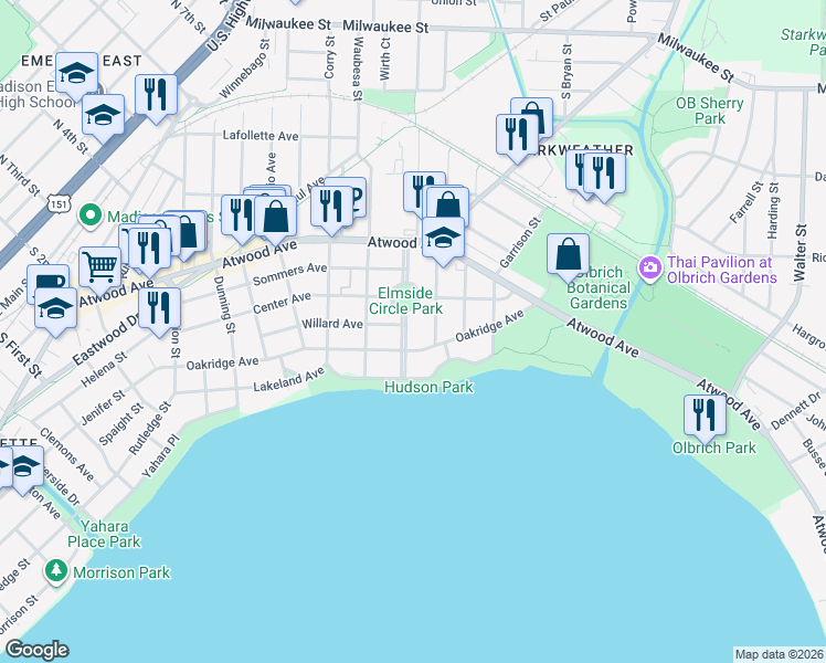 map of restaurants, bars, coffee shops, grocery stores, and more near 505 Elmside Boulevard in Madison