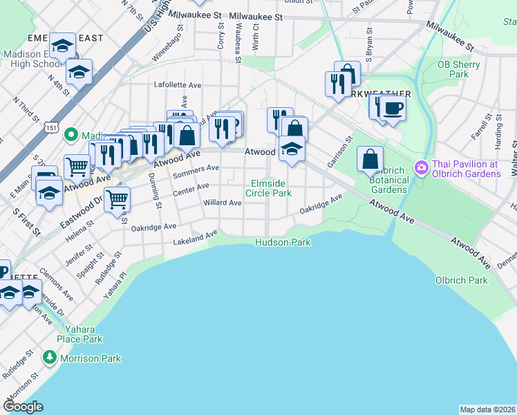 map of restaurants, bars, coffee shops, grocery stores, and more near 508 Elmside Boulevard in Madison