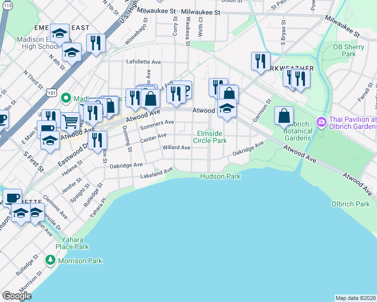 map of restaurants, bars, coffee shops, grocery stores, and more near 2713 Center Avenue in Madison