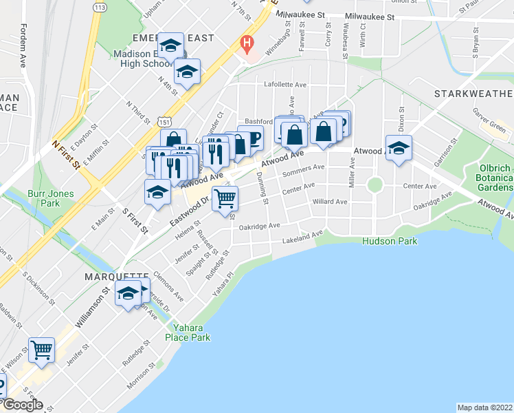 map of restaurants, bars, coffee shops, grocery stores, and more near 2202 Center Avenue in Madison