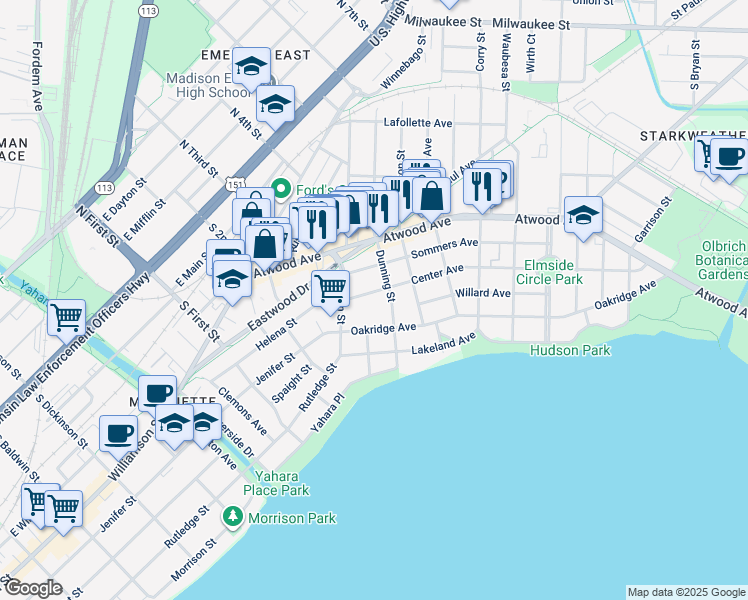 map of restaurants, bars, coffee shops, grocery stores, and more near 2202 Center Avenue in Madison
