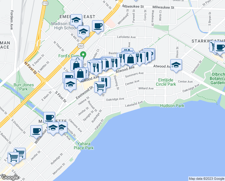 map of restaurants, bars, coffee shops, grocery stores, and more near 2202 Center Avenue in Madison